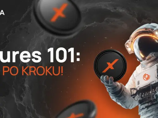Astronaut trzymający token z symbolem "X". "Futures co to" - naucz się krok po kroku, jak działają kontrakty terminowe.