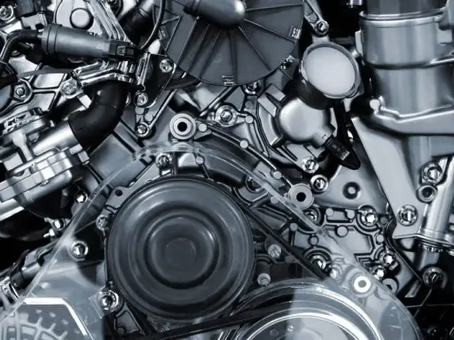 Detalle de un motor de cuatro tiempos, con correas, poleas y componentes metálicos pulidos.