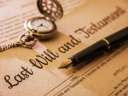 Otwarta kieszonkowa zegarek i pióro na dokumencie "Last Will and Testament".