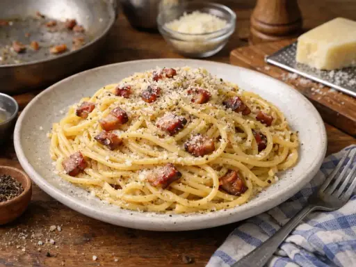 Un plat de spaghetti carbonara, garni de lardons croustillants et de parmesan râpé. Une recette italienne authentique.