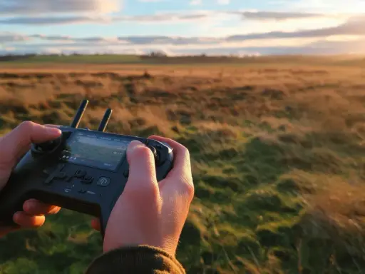 Hände steuern eine Drohne mit einem Controller im goldenen Abendlicht. Eine tolle droniq app alternative für Drohnenpiloten.