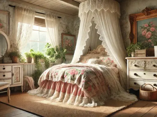 Chambre shabby chic contemporain avec un lit à baldaquin, des dentelles, des fleurs et beaucoup de lumière.
