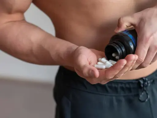 Muskulöser Mann nimmt Kapseln ein, um die BCAA Wirkung für den Muskelaufbau zu nutzen.
