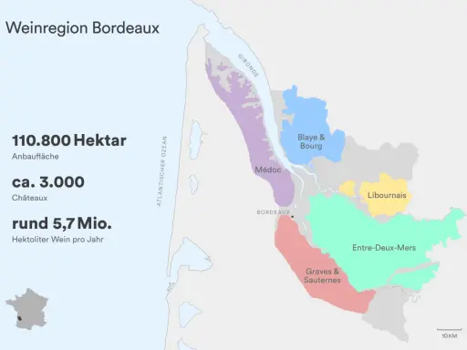 Karte des Bordeaux Weinbaugebiets mit Anbauflächen wie Médoc, Graves & Sauternes, Entre-Deux-Mers.