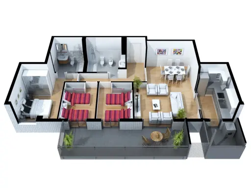 Plano de una vivienda con dormitorio principal, dos habitaciones, dos baños, salón, comedor, cocina y terraza. Ideal para saber donde ver los metros cuadrados de una propiedad.