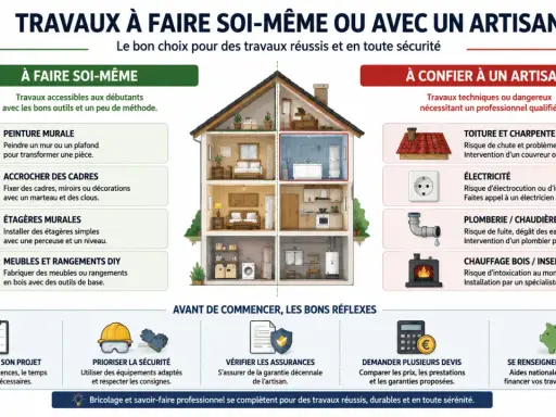 Guide comparatif pour **faire ses travaux soi même** ou confier les à un artisan. Illustre les tâches DIY et celles nécessitant un pro.