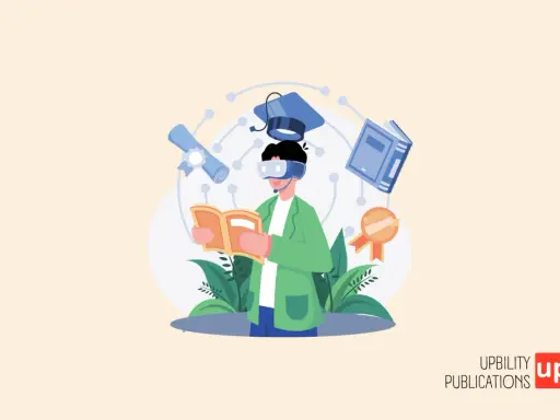 Un ragazzo con visore VR legge un libro, circondato da simboli di studio: cappello, diploma, libro e medaglia. Un'illustrazione che evoca l'idea di studiare e imparare, quasi come disegnare sul computer.