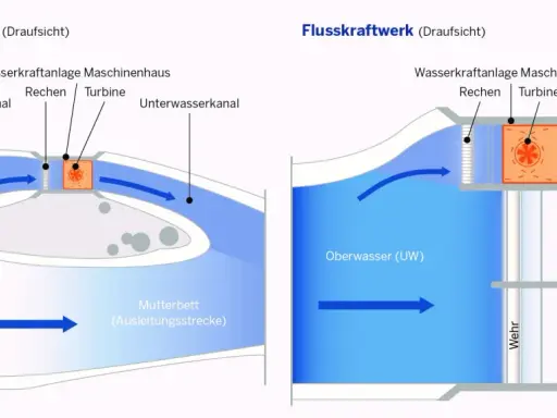 Schema eines Wasserkraftwerk Aufbaus: Ausleitungskraftwerk mit Einlaufbauwerk und Flusskraftwerk mit Wehr.
