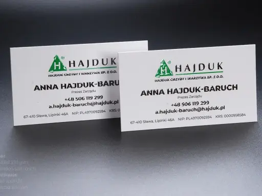 Wizytówki z efektem lakier uv 3d, prezentujące dane kontaktowe firmy "HAJDUK".