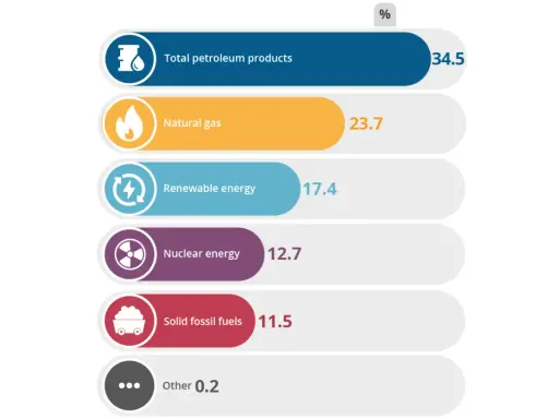 Grafische Darstellung des europäischen Strommix mit Prozentangaben für Erdölprodukte, Erdgas, erneuerbare Energien, Kernenergie, feste fossile Brennstoffe und Sonstiges.