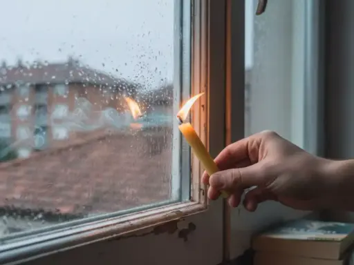 Una vela encendida cerca de una ventana con gotas de lluvia. El humo de la vela se arremolina, y parece que entra aire por la ventana, reflejando edificios en el exterior.
