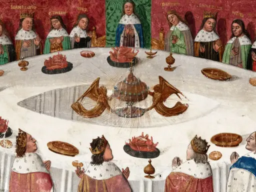 Banquet médiéval, des chevaliers autour d'une table, un calice scintillant au centre, évoquant la quête du graal.