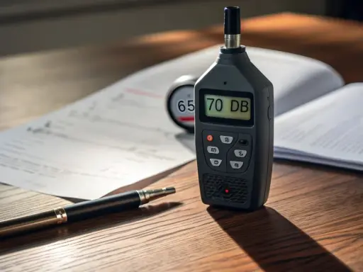 Fonometro cos'è? Uno strumento digitale mostra 70 dB, accanto a documenti e una penna.