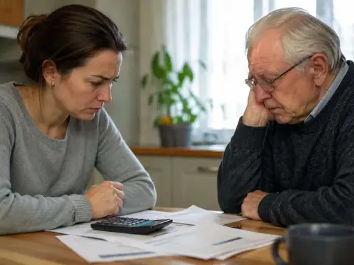 Zmartwiona kobieta i starszy mężczyzna analizują rachunki. Czy MOPS może wystąpić o alimenty dla rodzica?