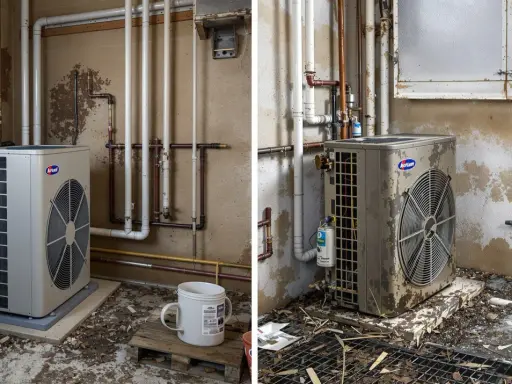 Deux unités extérieures de pompe à chaleur air-air, une blanche et une beige, sont installées dans une pièce sale. Avis négatif sur l'installation.