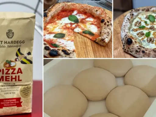 GUT HARDEGG Pizza Mehl, ideal für perfekte Pizzen. Daneben zwei leckere Pizzen und Teiglinge.