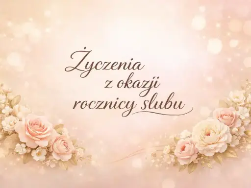 Delikatne róże i napisy "Życzenia z okazji rocznicy ślubu" na pastelowym tle. Słodka cukrowa rocznica.