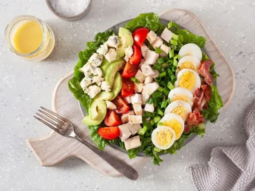 Kolorowa sałatka z kurczakiem, jajkiem, awokado i serem pleśniowym. Idealna na dietę bez węglowodanów.