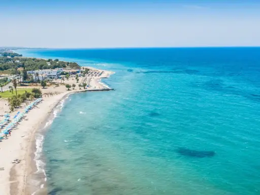 Piękna plaża na wyspie Kos z turkusową wodą, leżakami i palmami. Idealne miejsce na wakacje.