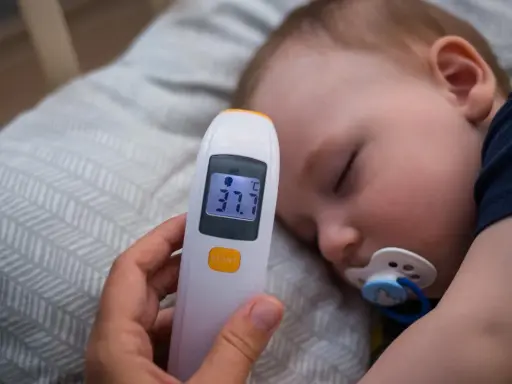 Elektroniczny termometr pokazuje 37.7°C, mierząc temperaturę niemowlaka śpiącego ze smoczkiem.