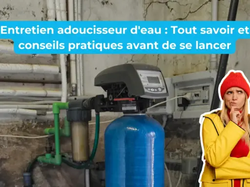 Une femme réfléchit devant un adoucisseur d'eau. Le texte indique "Entretien adoucisseur d'eau : Tout savoir et conseils pratiques".