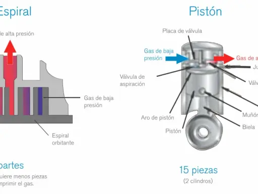 Diagrama comparativo de las partes de un compresor de aire tipo espiral y pistón. El espiral usa menos piezas.