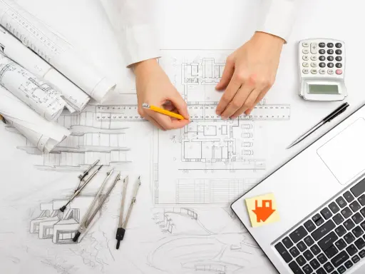Manos de arquitecto dibujando planos, con calculadora, laptop y bocetos. El significado de "as built" se refleja en la precisión del diseño.