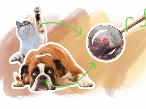 Un chat et un chien boxer, avec une loupe examinant une verrue sur le museau du chien. Illustration sur le verrue chien traitement.
