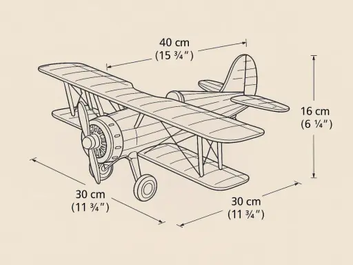 Detailansicht eines Flugzeugmodells als Bauplan. Maße: 40 cm Länge, 16 cm Höhe, 30 cm Breite. Eine perfekte Modell Vorlage.