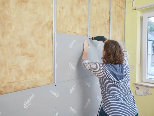 Frau verkleidet Wand mit Rigipsplatten und Schrauber. Isolierung ist sichtbar.