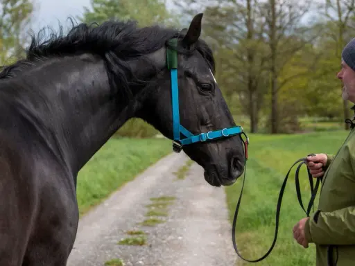 Mann zeigt, wie man ein Hackamore richtig verschnallt. Schwarzes Pferd mit blauem Halfter steht auf einem Feldweg.