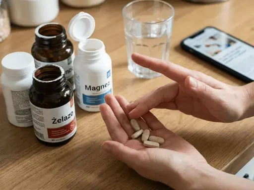 Ręce trzymające tabletki, obok butelki z magnezem i żelazem. Warto wiedzieć, jakich suplementów nie łączyć, by uniknąć interakcji.