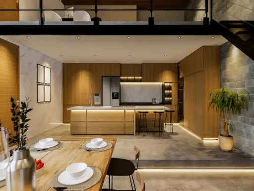 Cuisine moderne et salle à manger dans un **souplex def**. Bois, marbre et béton créent une ambiance chaleureuse. Éclairage LED subtil.