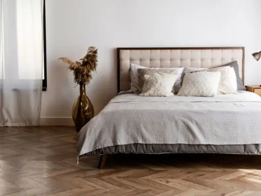 Cama con base tapizada o canapé, cojines mullidos y mantas grises. Un jarrón con pampas decora el rincón.