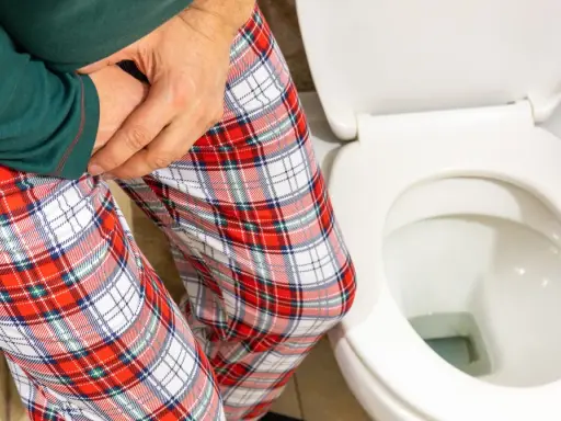 Mężczyzna w piżamie z kratę trzyma się za krocze, siedząc obok toalety. Czy zwapnienie prostaty to rak?