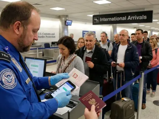 Kontrola paszportowa na lotnisku w USA. Urzędnik TSA sprawdza dokumenty podróżnych, wśród których widać osoby z polskimi paszportami.
