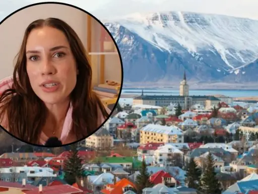 Kobieta opowiada o życiu na Islandii, w tle kolorowe domy Reykjaviku i ośnieżone góry.