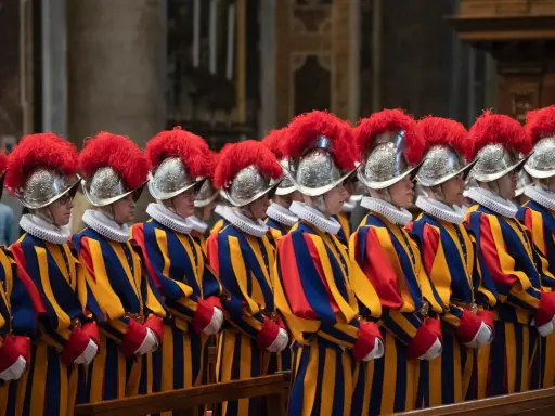 Guardia svizzera pontificia in divisa storica, con elmi piumati e abiti a righe blu, gialle e rosse, in posa solenne.