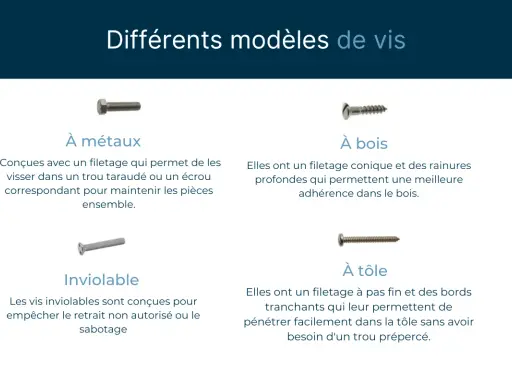 Quatre types de vis : à métaux, à bois, inviolable et à tôle, chacune avec un filetage adapté à son usage.