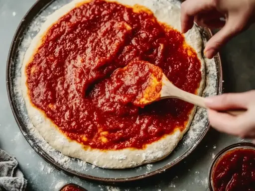 Händer sprider tomatsås på en pizzabotten med en träsked. Snart är det dags för en härlig tomatsås pizza!
