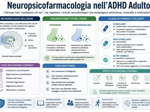 Schema sull'ADHD adulto: neurobiologia, neurotrasmettitori, farmaci, cosa migliorano e non fanno, effetti collaterali e stile di vita. L'ombra cardiaca nei limiti è un aspetto da monitorare.