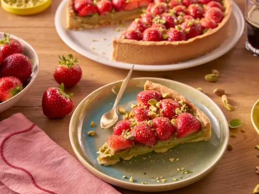 Kawałek tarty z kremem pistacjowym i truskawkami, posypany pistacjami. Obok cała tarta, miseczka z truskawkami i filiżanka kawy.