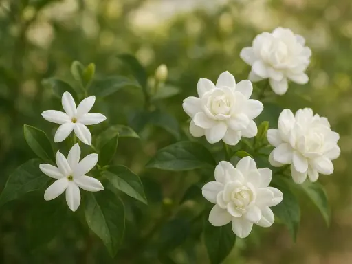 Des fleurs de jasmin blanches et délicates, certaines simples, d'autres doubles, exhalent leur parfum. Le jasmin le plus parfumé, promesse d'une douce soirée d'été.