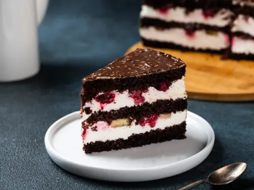 Kawałek czekoladowego tortu z kremem mascarpone, malinami i bananem. Idealny, bardzo łatwy tort z mascarpone na deser.