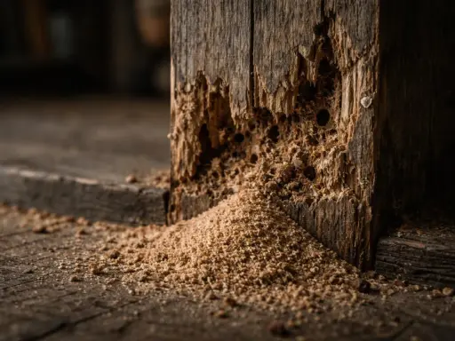 Un petit tas de sciure de bois s'accumule au pied d'un poteau en bois rongé, témoignant d'une présence passée.