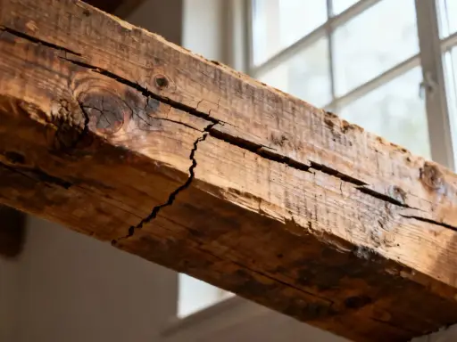 Gros plan sur une poutre en bois fissurée, témoin silencieux d'une maison qui craque toujours au même endroit. La lumière du jour révèle ses imperfections.