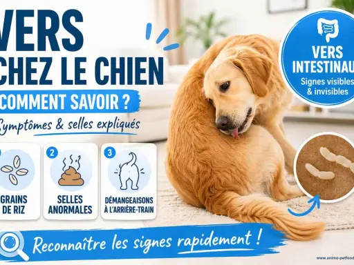 Chien se léchant le flanc, avec des icônes illustrant des vers, des selles anormales et des démangeaisons.