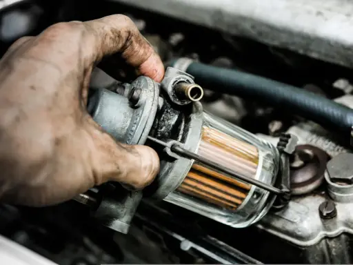 Brudna ręka mechanika wymienia zapchany filtr gazu. Objawy problemów z silnikiem mogą być różne, ale czysty filtr to podstawa.