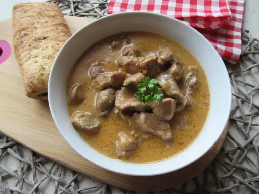 Aromaticzny gulasz wieprzowy w kremowym sosie, udekorowany natką pietruszki, podany z chrupiącym pieczywem.