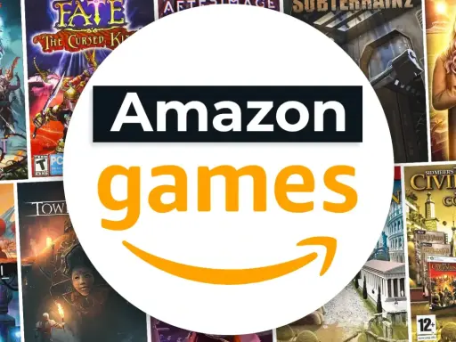 Gry z serii "Ravenloft", "Fate: The Cursed King", "Mystical Riddles" i "Civilization IV" na tle logo Amazon Games. Prime Gaming oferuje dostęp do wielu tytułów.